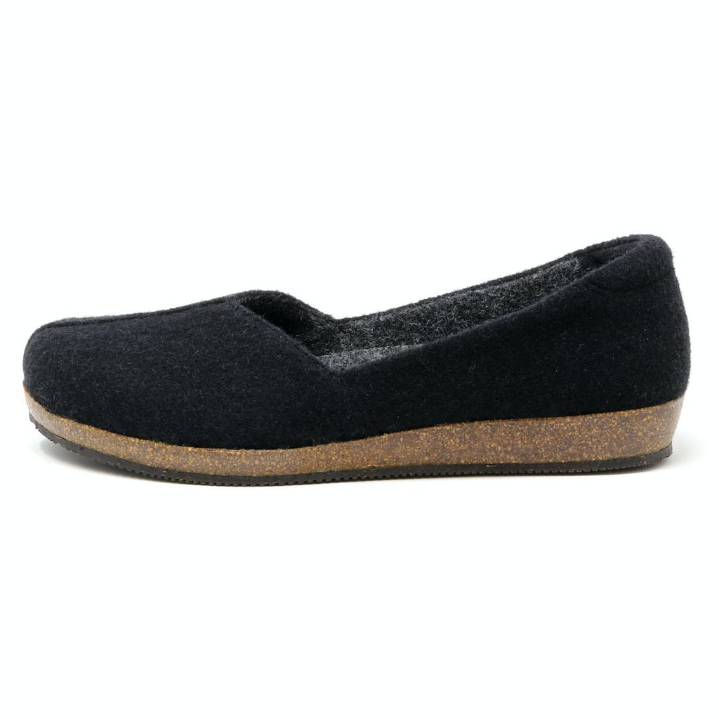 The Women's 'Liesl' Wool Skimmer, featuring a black slip-on design with a rounded toe and a brown textured sole, crafted from wool felt, displayed in side view.